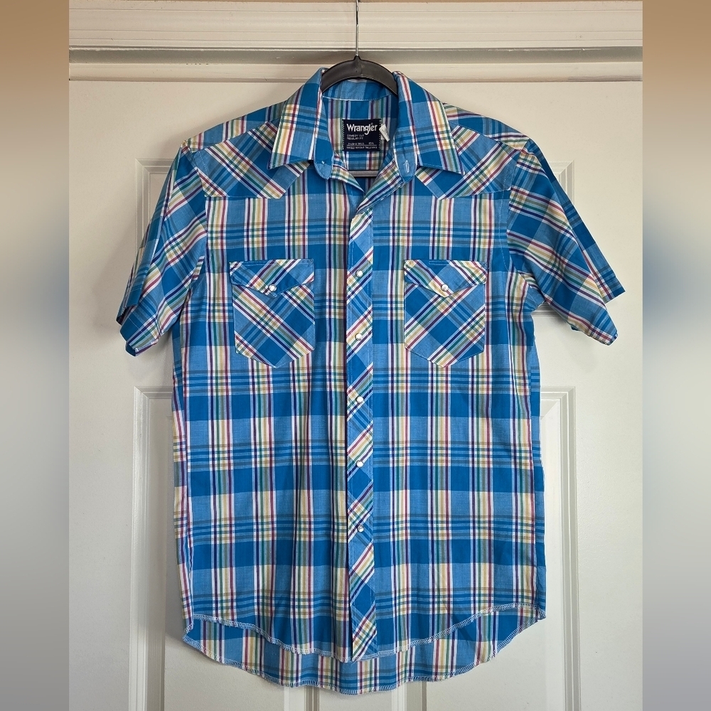 Wrangler Cowboy Cut Blue Plaid Short Sleeve Pearl Snap Button Down - Size 15 1/2